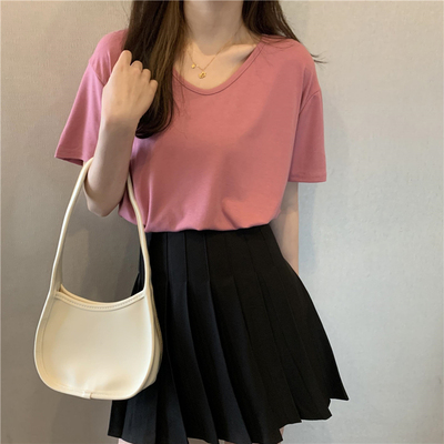 粉色短袖女纯色宽松百搭T恤上衣女纯棉鸡心领v领简约2025夏季新款