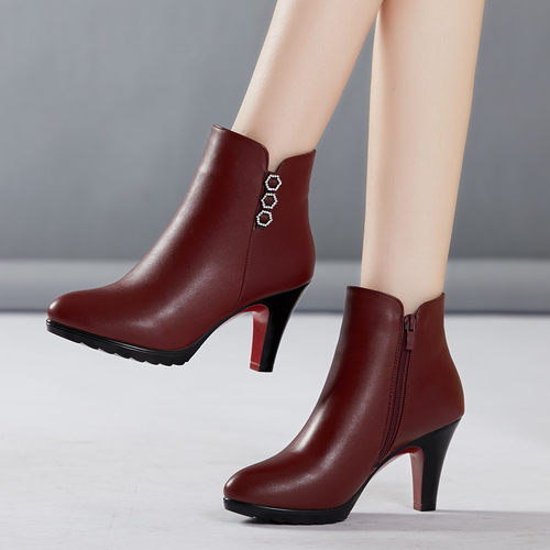 短靴女春秋单靴2021粗跟厚底真皮