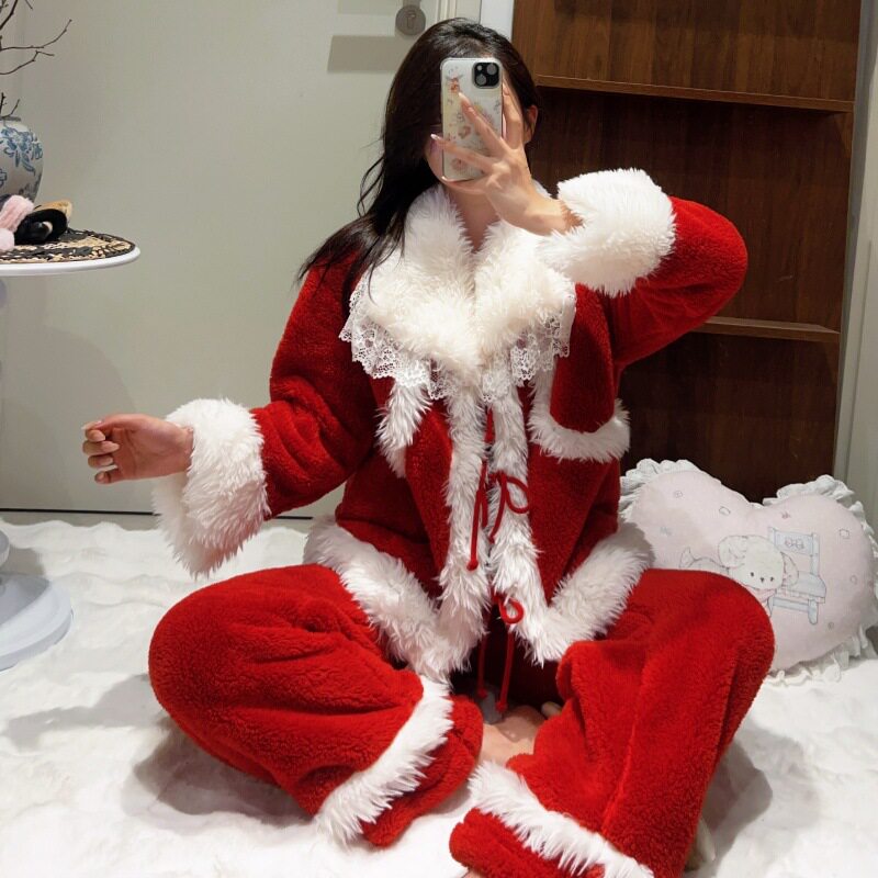 珊瑚绒睡衣女士法兰绒秋冬款新年红色性感吊带圣诞保暖家居服
