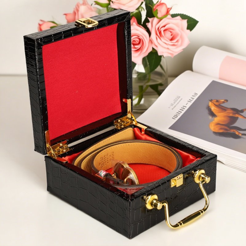 高端黑色鳄鱼纹皮带礼品盒方形皮具精品手串饰品包装翻盖配饰盒子