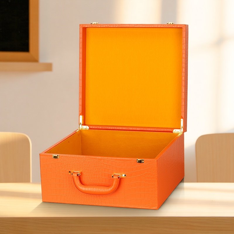 高档箱包包装盒鳄鱼纹PU皮质橙色礼品盒木质手提皮盒黑色私人定制