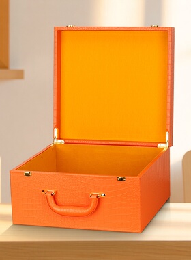 高档箱包包装盒鳄鱼纹PU皮质橙色礼品盒木质手提皮盒黑色私人定制