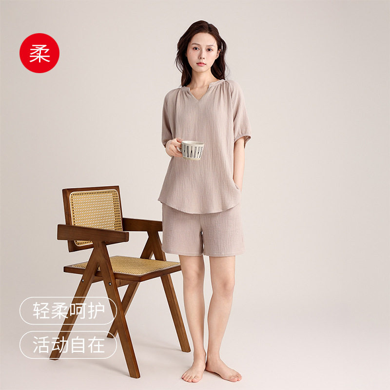 纯棉纱布绉布睡衣女夏秋季薄款亲肤透气短袖短裤家居服套装可外穿