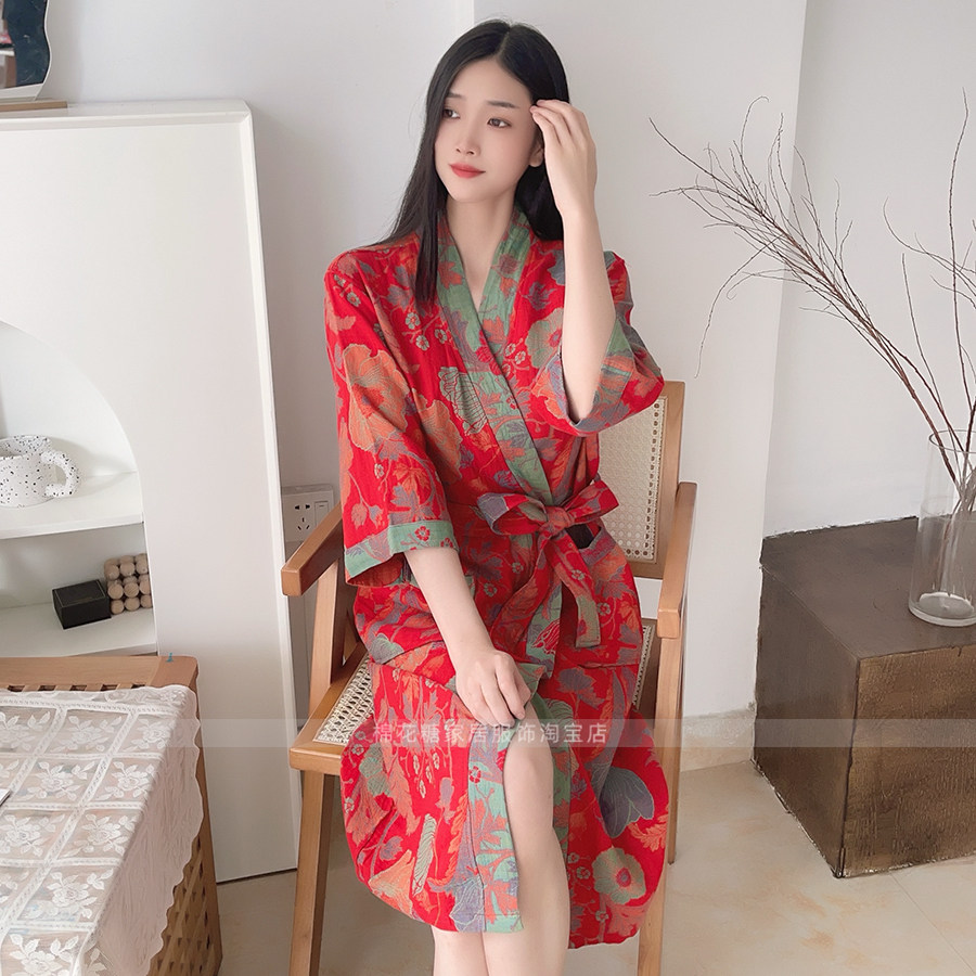 奢华复古纯棉双层纱布睡裙睡袍睡衣浴袍薄夏男女情侣款家居服宽松