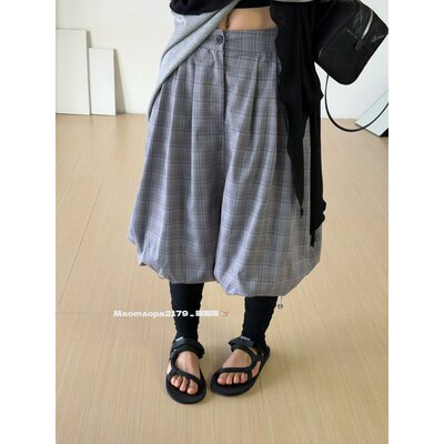 猫姐推荐｜宽松设计款显瘦松紧腰抽绳束脚格子花苞七分休闲裤中裤