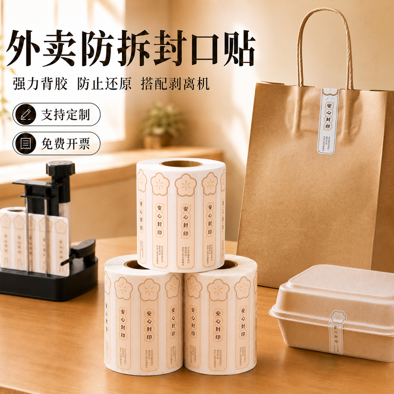 外卖封口贴食安标签食品封签封条防撕安全安心餐饮外卖标签封口贴