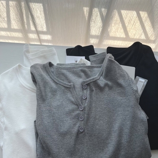 软糯亲肤宽松打底上衣女 T恤 chao显瘦 Y字领定染针织螺纹长袖