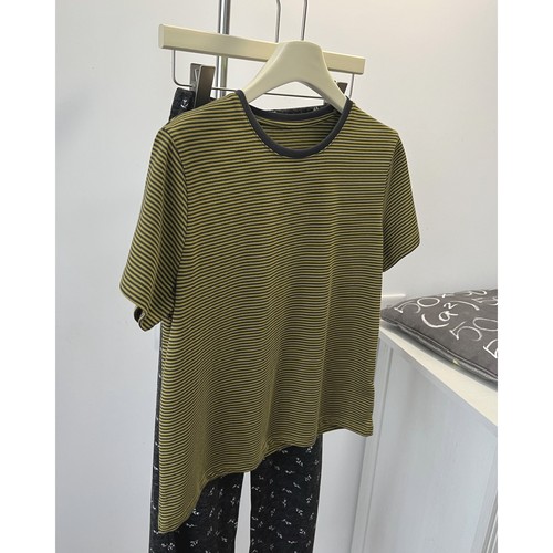 显白苔绿色撞色条纹 夏新款简约百搭显瘦正肩圆领短袖T恤 女