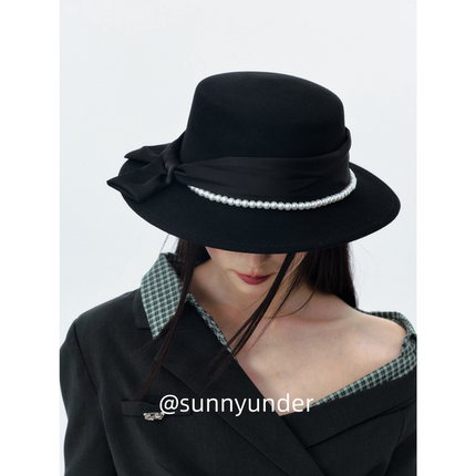 优雅珠带蝴蝶结法式复古羊毛呢平顶帽子女春秋冬韩版日系礼帽ins