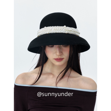 优雅法式赫本风珠带羊毛呢渔夫帽子女秋冬韩版日系显脸小复古盆帽