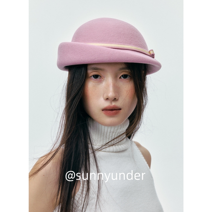 日系粉色羊毛呢贝雷帽子女秋冬法式复古千金翘沿小礼帽空姐帽ins