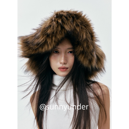 小众个性氛围感大帽檐长毛绒渔夫帽女秋冬季舞台走秀仿皮草帽子潮