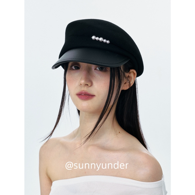 串珠装饰皮沿羊毛呢马术帽子女秋冬韩版日系百搭显脸小报童帽ins