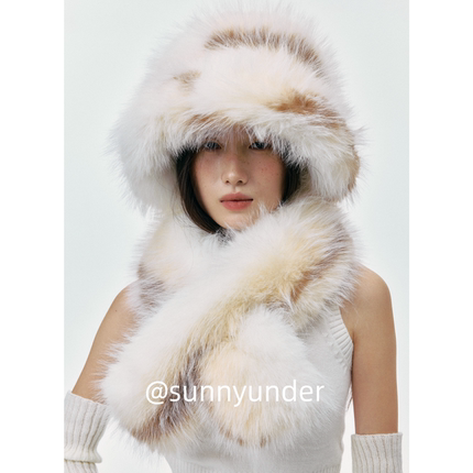 加绒加厚毛绒帽子围脖二件套女秋冬防寒保暖显脸小渔夫帽围巾套装