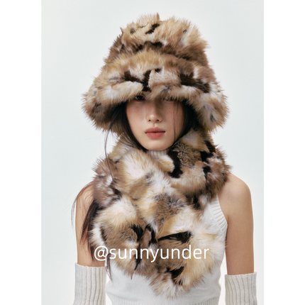 时髦豹纹毛绒帽子围巾二件套女秋冬防寒保暖渔夫帽围脖套装潮ins