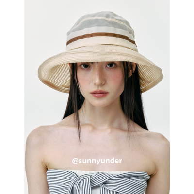 小众设计布草混编渔夫帽女夏季新款透气薄款蝴蝶结可折叠遮阳帽子