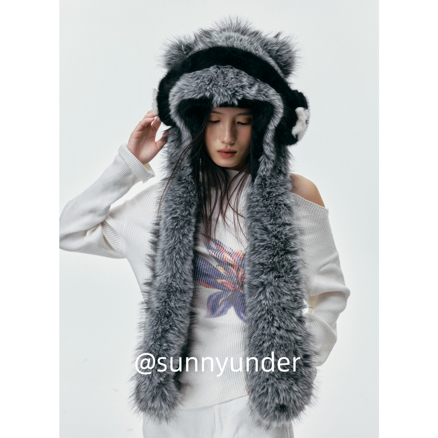 可爱氛围感带耳罩装饰小熊耳朵毛绒帽子围巾一体二件套女秋冬保暖