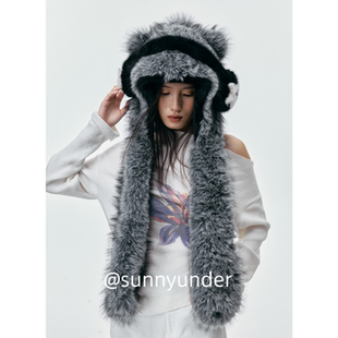 可爱氛围感带耳罩装 饰小熊耳朵毛绒帽子围巾一体二件套女秋冬保暖