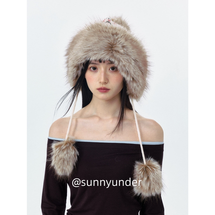 时尚毛边提花针织护耳帽子女秋冬加厚加绒防寒保暖毛绒包头帽ins