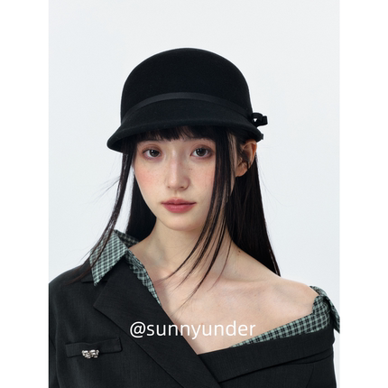 小蝴蝶结黑色羊毛呢马术帽子女春秋冬季韩版日系百搭显脸小报童帽