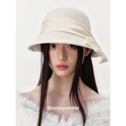 优雅绸质蝴蝶结羊毛呢渔夫帽子女秋冬韩版日系博主时髦显脸小礼帽