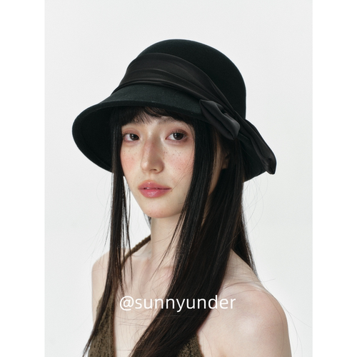 时髦大蝴蝶结羊毛呢渔夫帽子女春秋冬英伦复古赫本风度假礼帽ins