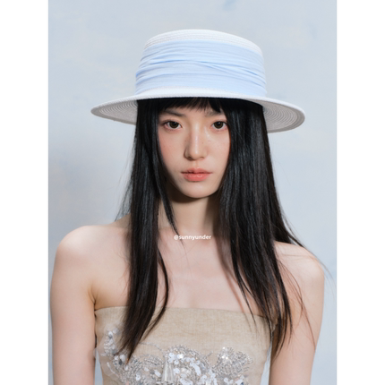 白色高级感夏季草编平顶草帽女法式礼帽小清新日系百搭遮阳帽子潮