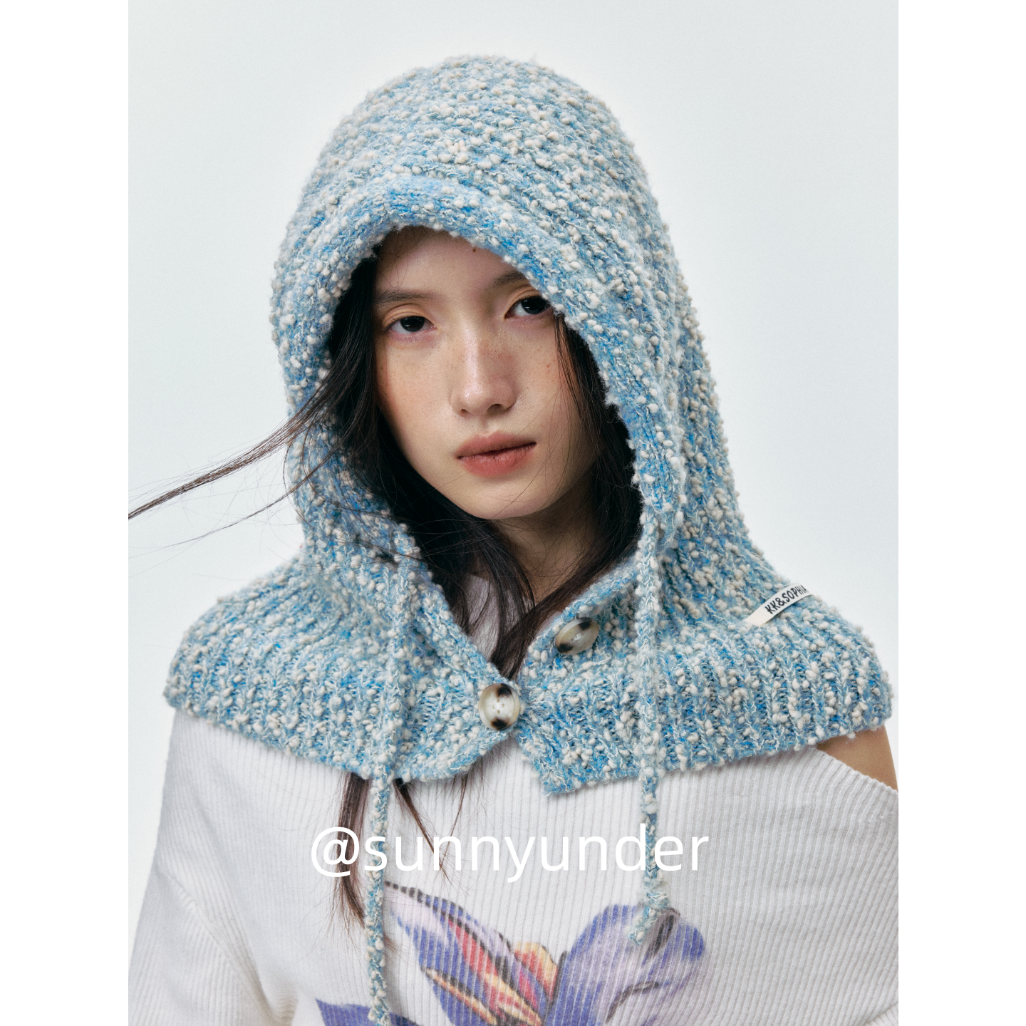 混色针织连帽围巾一体女冬季复古小众设计感保暖护耳围脖潮牌冷帽