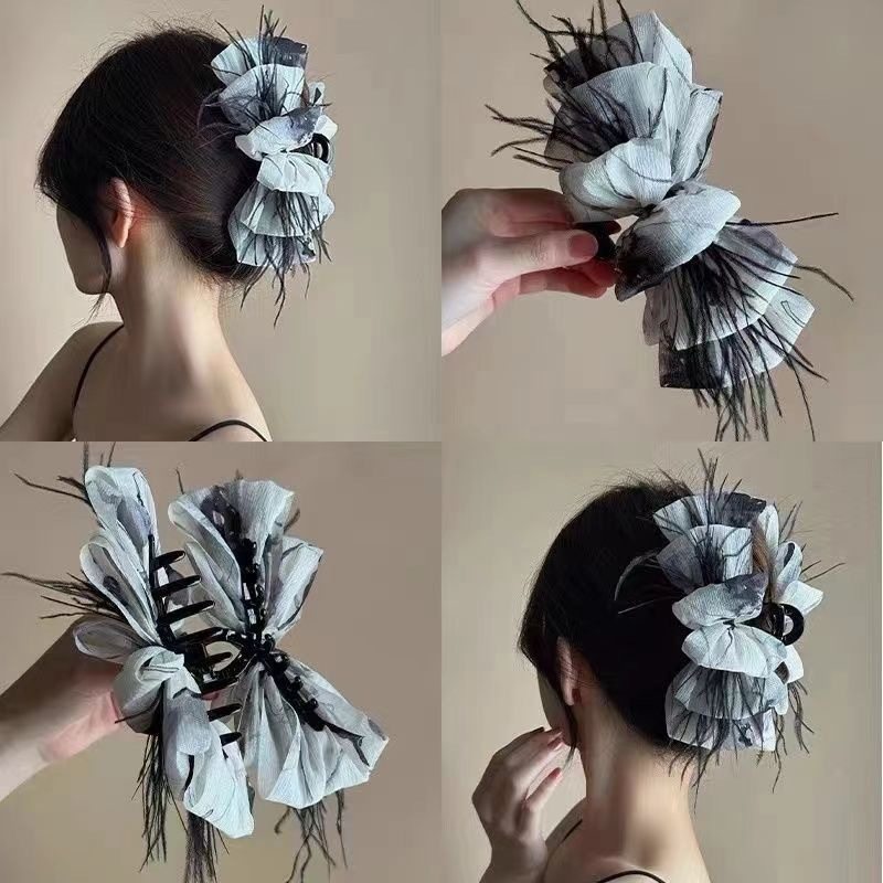 新中式美学双面蝴蝶结羽毛抓夹超仙发夹女后脑勺大号盘发鲨鱼夹,饰品/流行首饰/时尚饰品新,民族风发饰,淘宝优惠券,粉丝福利购,淘宝优惠卷