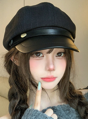 小标条纹八角帽女秋冬季皮檐复古百搭画家报童帽显脸小鸭舌贝雷帽