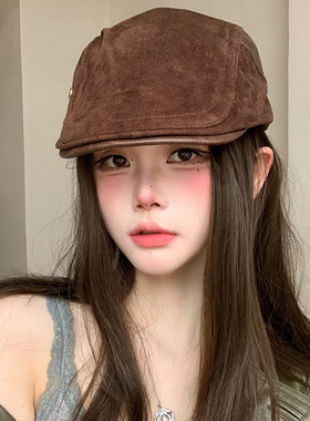 麂皮绒复古鸭舌前进帽秋冬季美式百搭鸭舌贝雷帽显脸小反戴画家帽