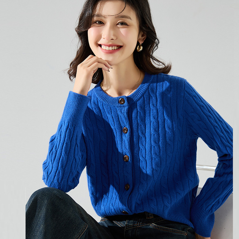 克莱因蓝针织毛衣开衫女2025春秋季红色毛衫打底蓝色圆领羊毛上衣