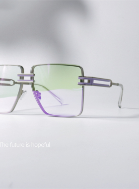 太空未来感无框眼镜UV400反光炫彩方形个性太阳镜高级感橙色墨镜