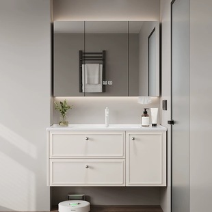 法式 浴室柜橡胶木烤漆陶瓷一体盆奶油轻奢风洗漱台洗手洗脸盆浴柜