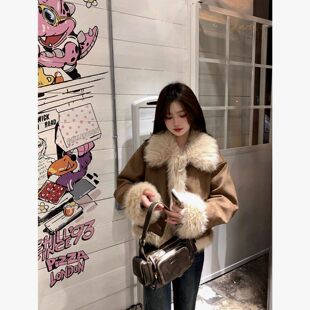 皮毛一体麂皮绒短外套女宽松高级感小个子洋气羽绒棉服衣加厚冬季