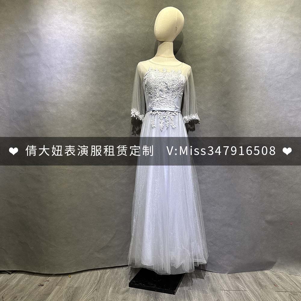 出租定制礼服实体店保障高级蓝灰色中长款带袖礼服露背系带伴娘服