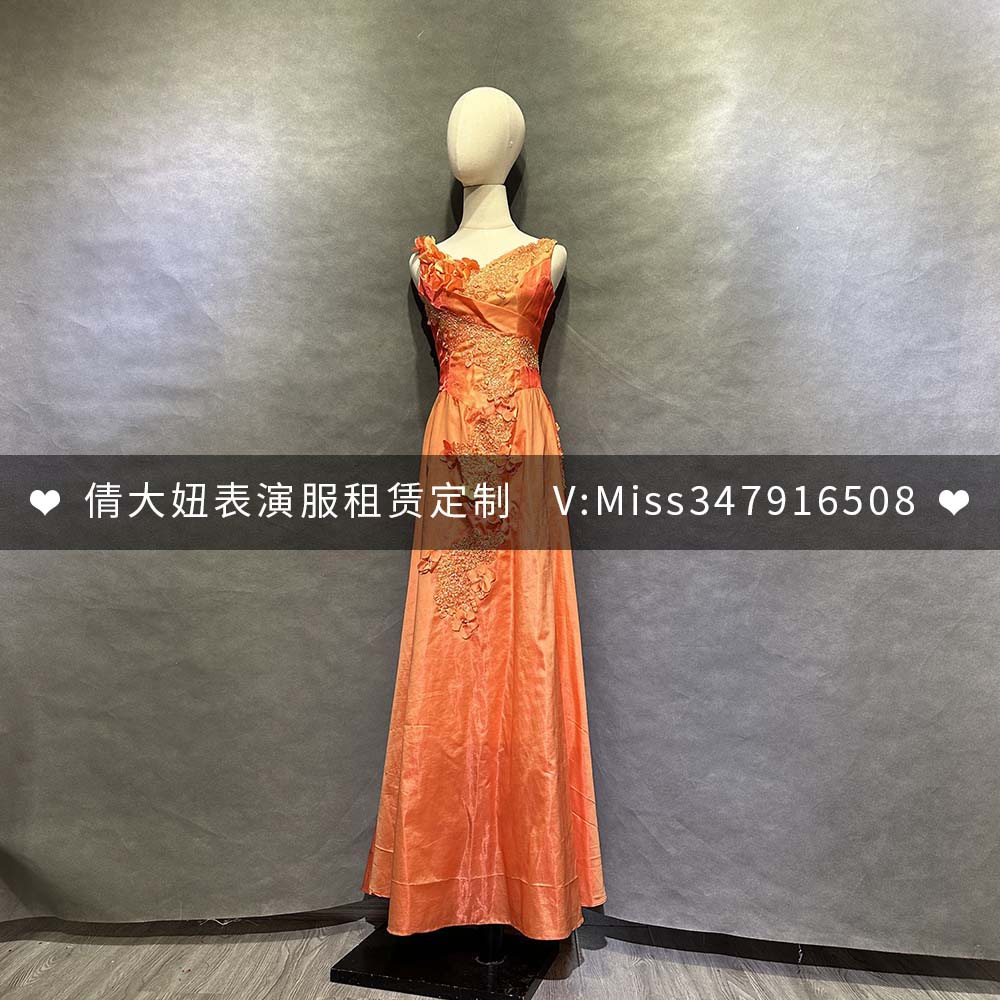 定制出租开场年会主持女士连衣长裙褶裥背心连衣裙合唱服晚礼裙