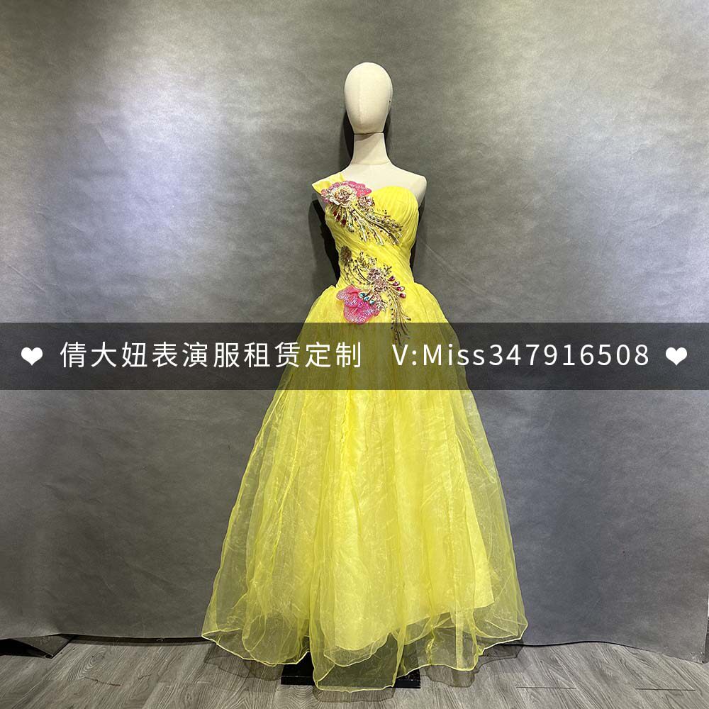 婚纱礼服女主持人单肩晚礼服长款舞台演出服装独唱蓬蓬裙影楼彩纱