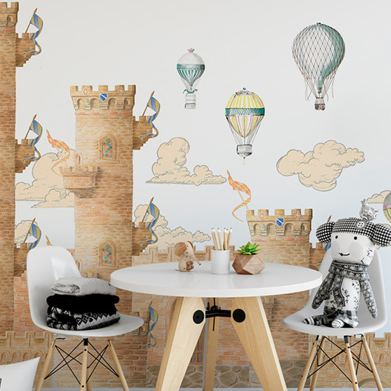 卡通童梦男孩女孩儿童房书房  热气球城堡大型定制无缝墙画壁画