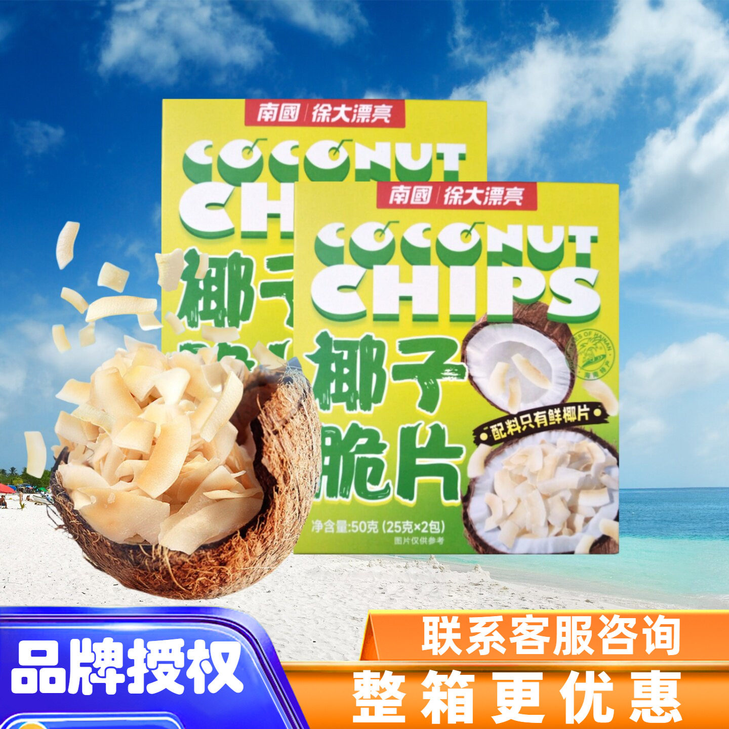 海南特产南国生椰脆片50克X2盒薄饼椰子片椰肉干烘烤椰肉零食