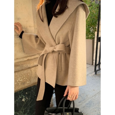 有货 韩国chic法式复古气质高级感连帽毛呢外套系带小个子短款女