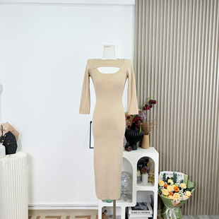 Fart Shop摇曳生姿 圆领高弹毛织镂空长裙女秋冬收腰连衣裙