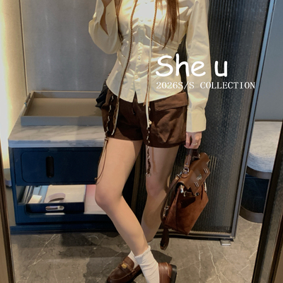 SHE U-美式复古大口袋设计搭配撞色抽绳休闲短裤(配腰绳)30057