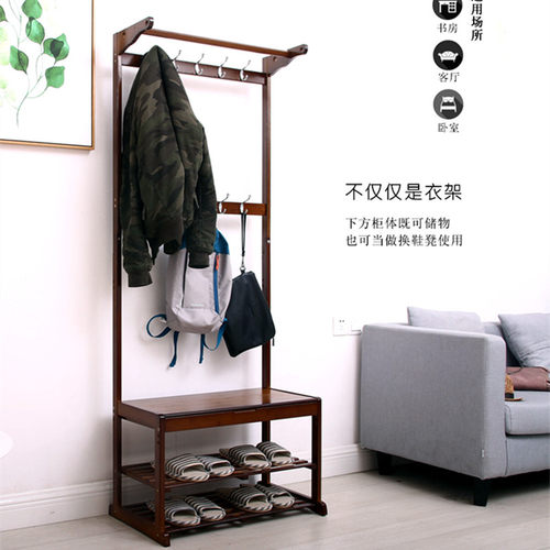 鞋柜衣帽架组合门口挂衣架带鞋柜衣架鞋柜楠竹落地穿鞋凳子储物凳 - 封面