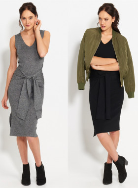 不退换 外贸 初秋 下摆开叉时髦又chic的针织V领无袖修身款连衣裙