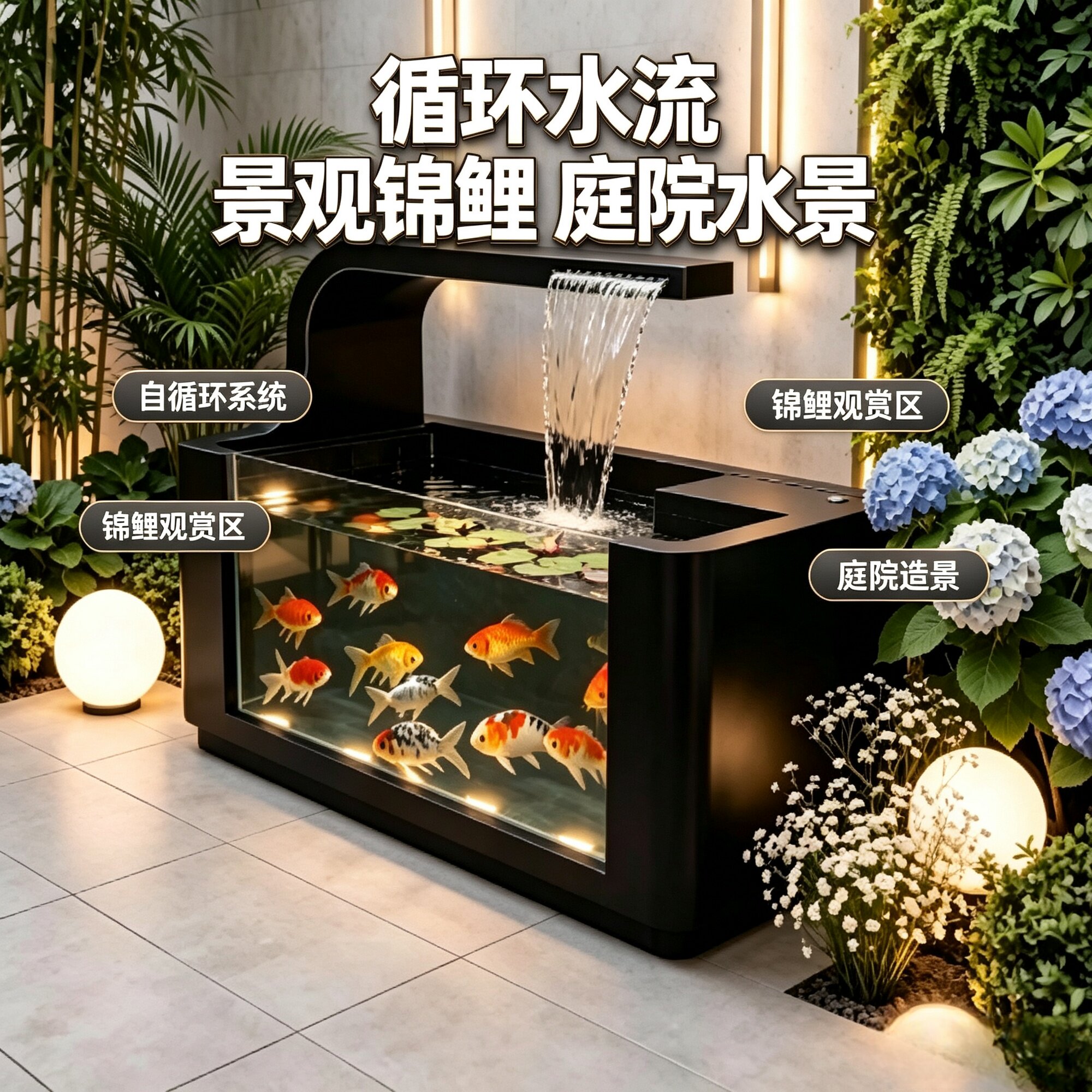 定制户外不锈钢循环流水鱼缸造景图片
