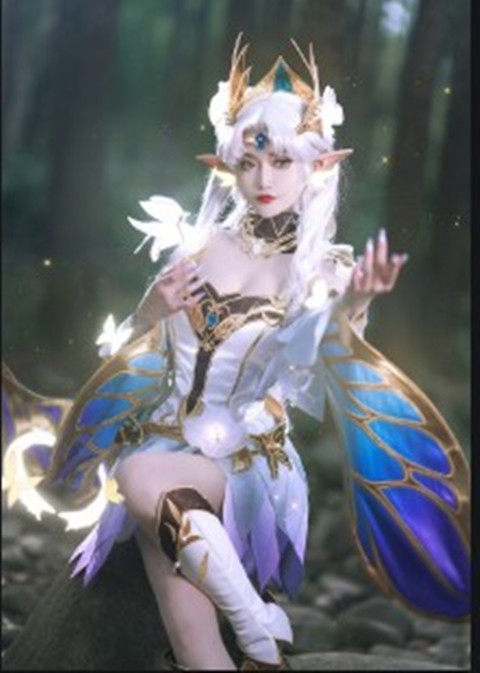 王者cos服荣耀貂蝉星元新版皮肤金色仲夏夜cosplay白色蝴蝶送发冠