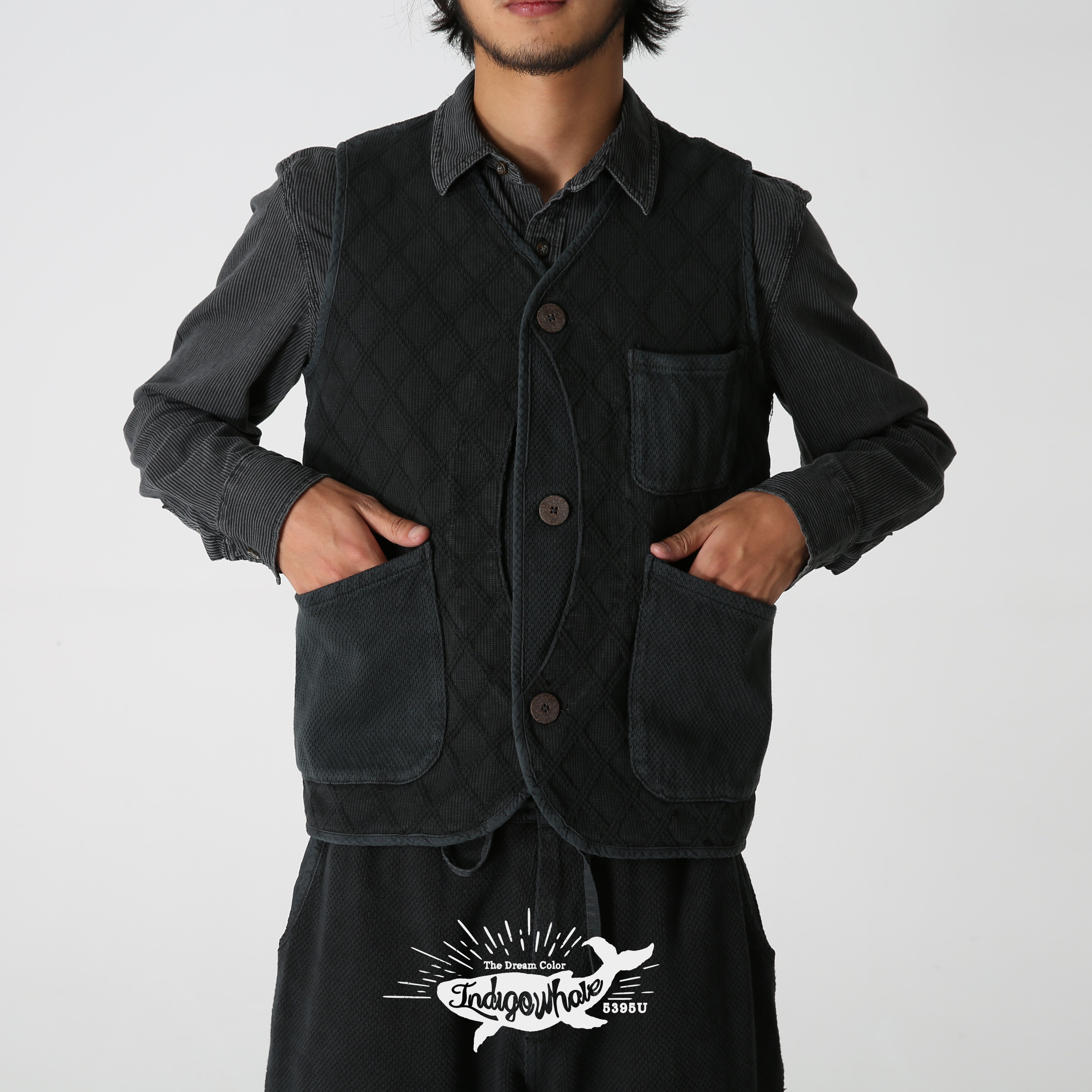 indigowhale鲸蓝染剑道面料重水洗多口袋猎装美式复古马甲背心