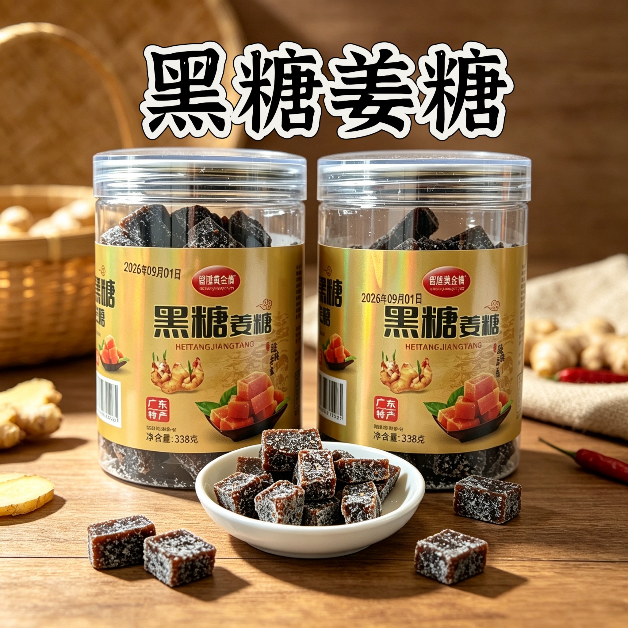 留隍黄金情原味黑糖姜糖338g罐装广东梅州客家特产姜汁软糖