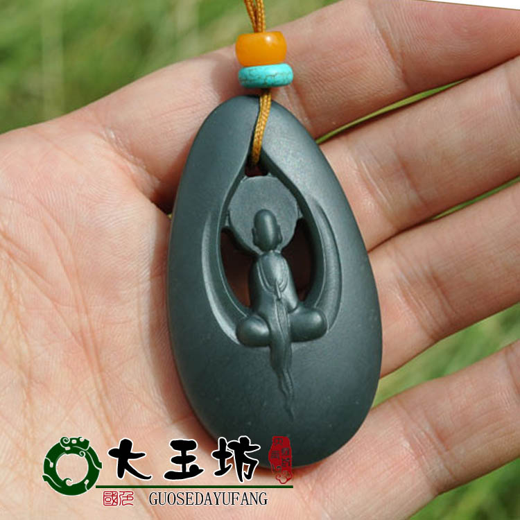 新疆和田玉墨玉悟牌子黑碧玉悟道挂件悟吊坠